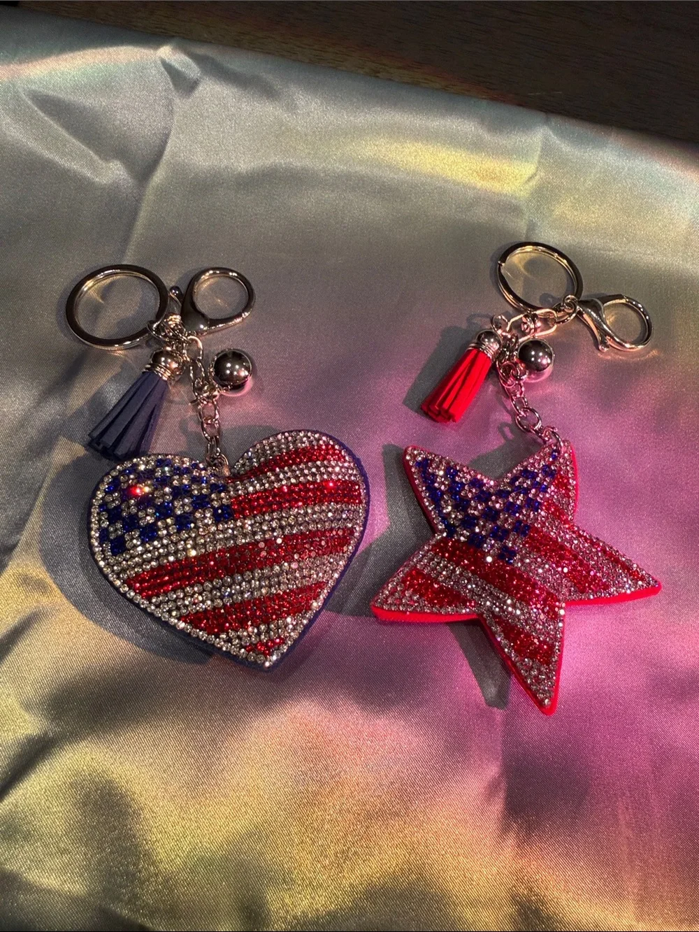 Patriotic Rhinestone Heart & Star Bag Charm/Keychain Set - Red, White & Blue